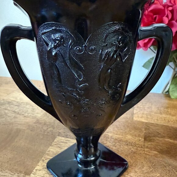Black Amethyst Art Deco Style Trophy Vases Etched Floral and Dancing Nymph Decor - Picture 6 of 8